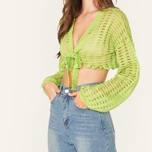 Tie front sheer mesh crop cardigan